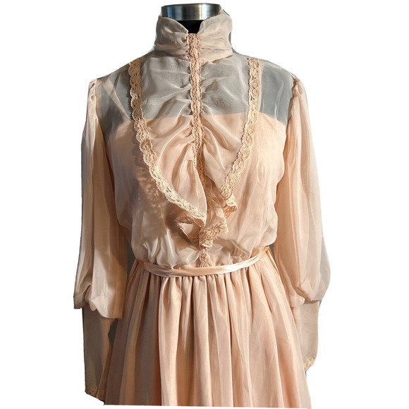 Vintage 70's Pink Victorian Lace Ruffles High Neck Prairie Long Sleeve Dress - Picture 3 of 9